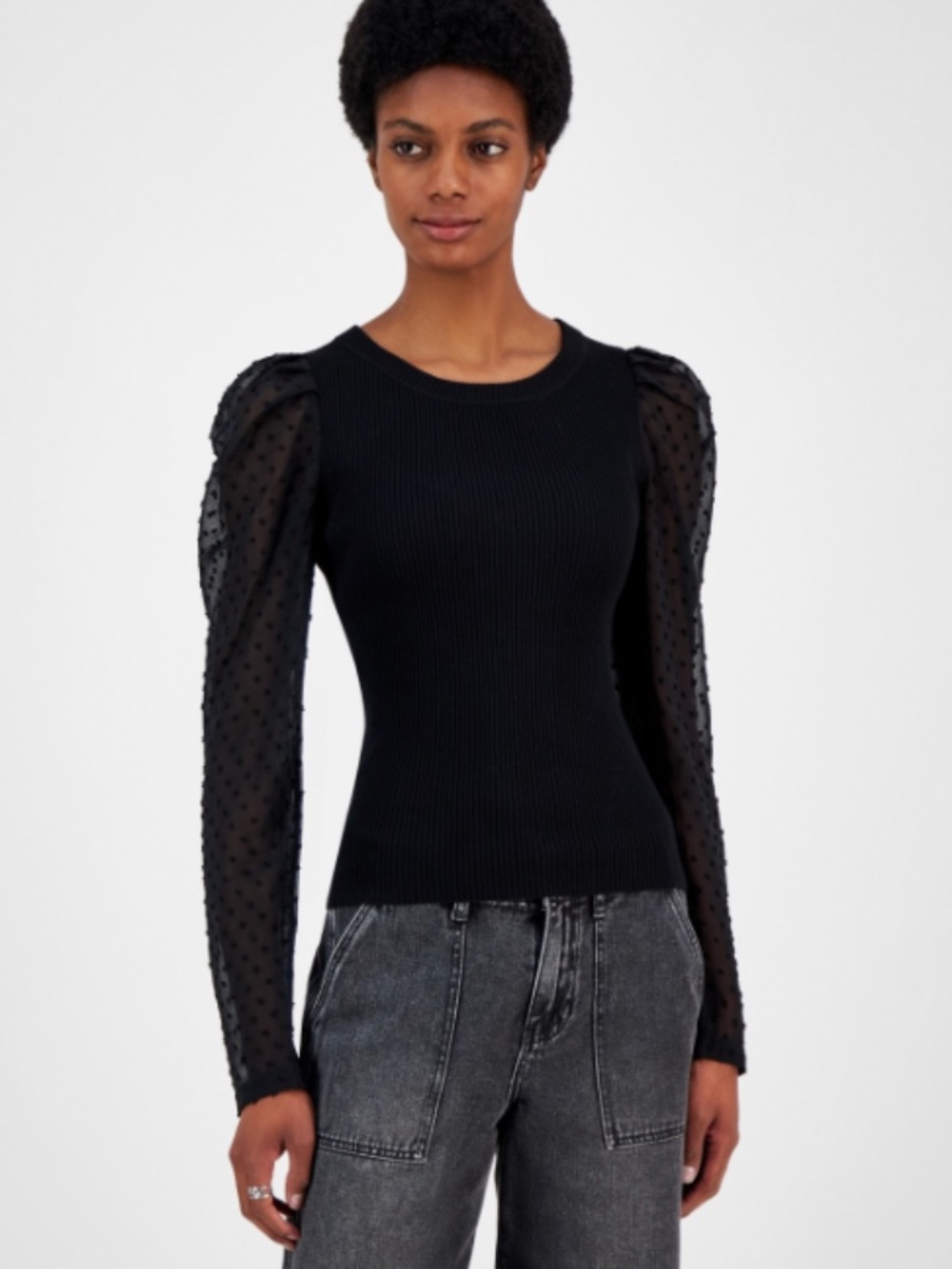 Madden Girl Juniors' Ribbed Clip-Dot Sleeve Sweater - Black SIZE L NWT
